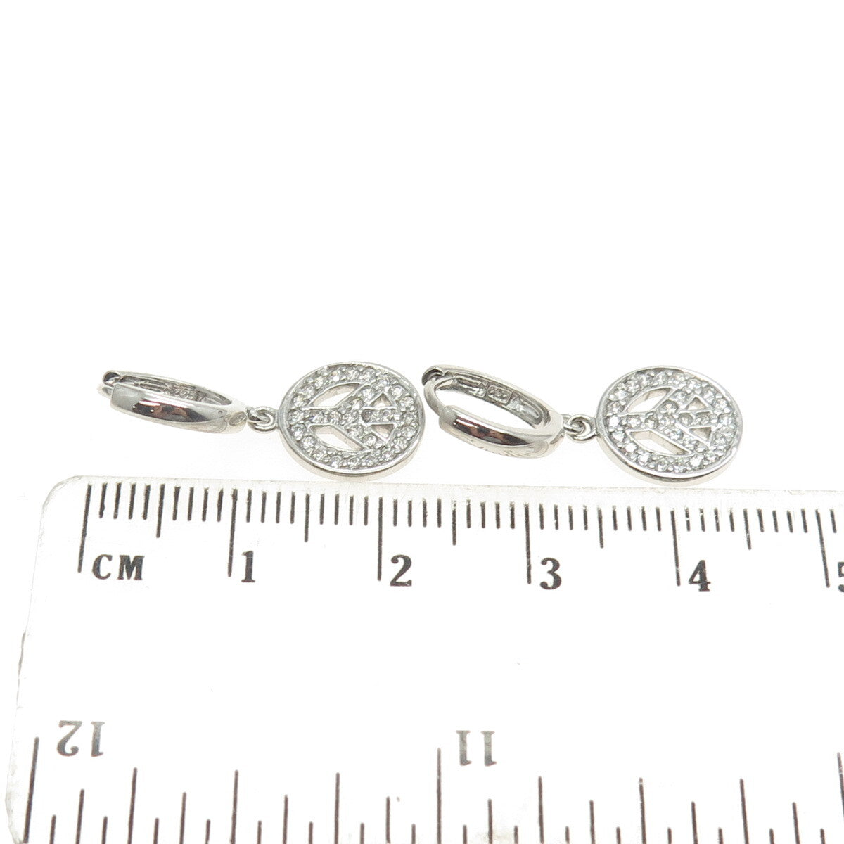 925 Sterling Silver Pave C Z Symbol of Peace Dangling Earrings