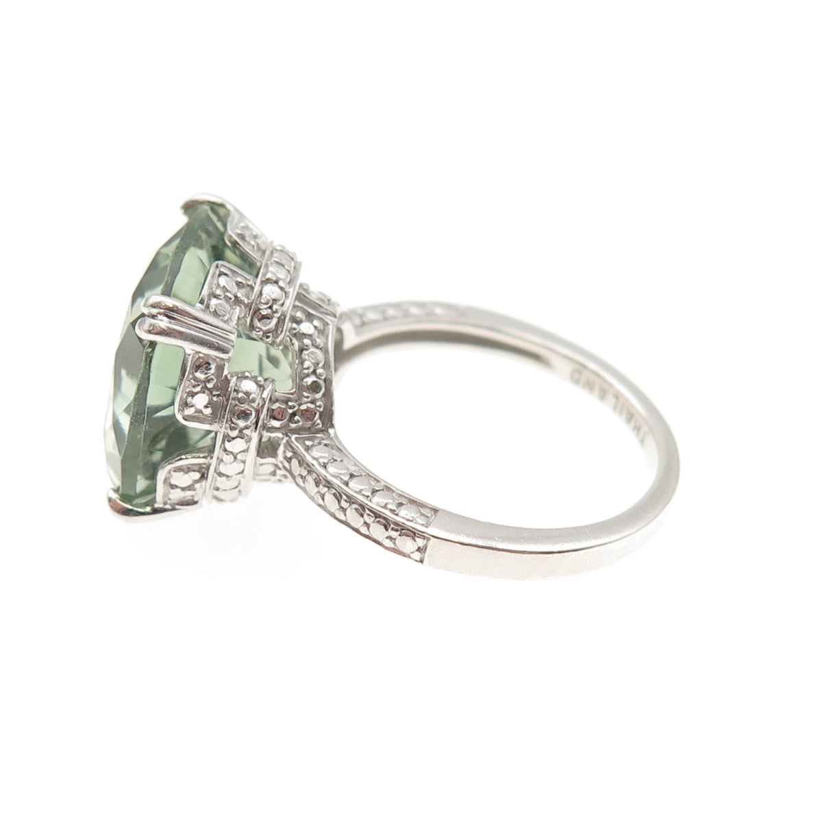 925 Sterling Silver Real Cushion-Cut Green Amethyst Ring Size 7