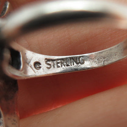 JERRY COWBOY Old Pawn 925 Sterling Turquoise Coral Inlay Peyote Ring Size 6.25