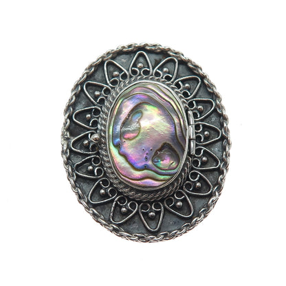 925 Sterling Silver Vintage Mexico Abalone Shell Locket Pin Brooch / Pendant