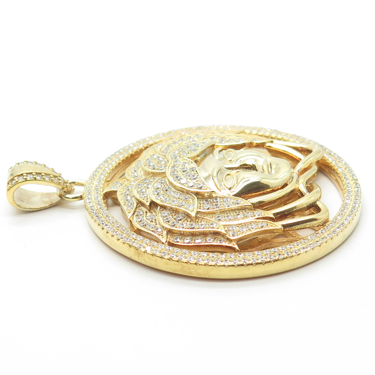 925 Sterling Silver Gold Plated Round-Cut C Z Meduza Greek Pendant