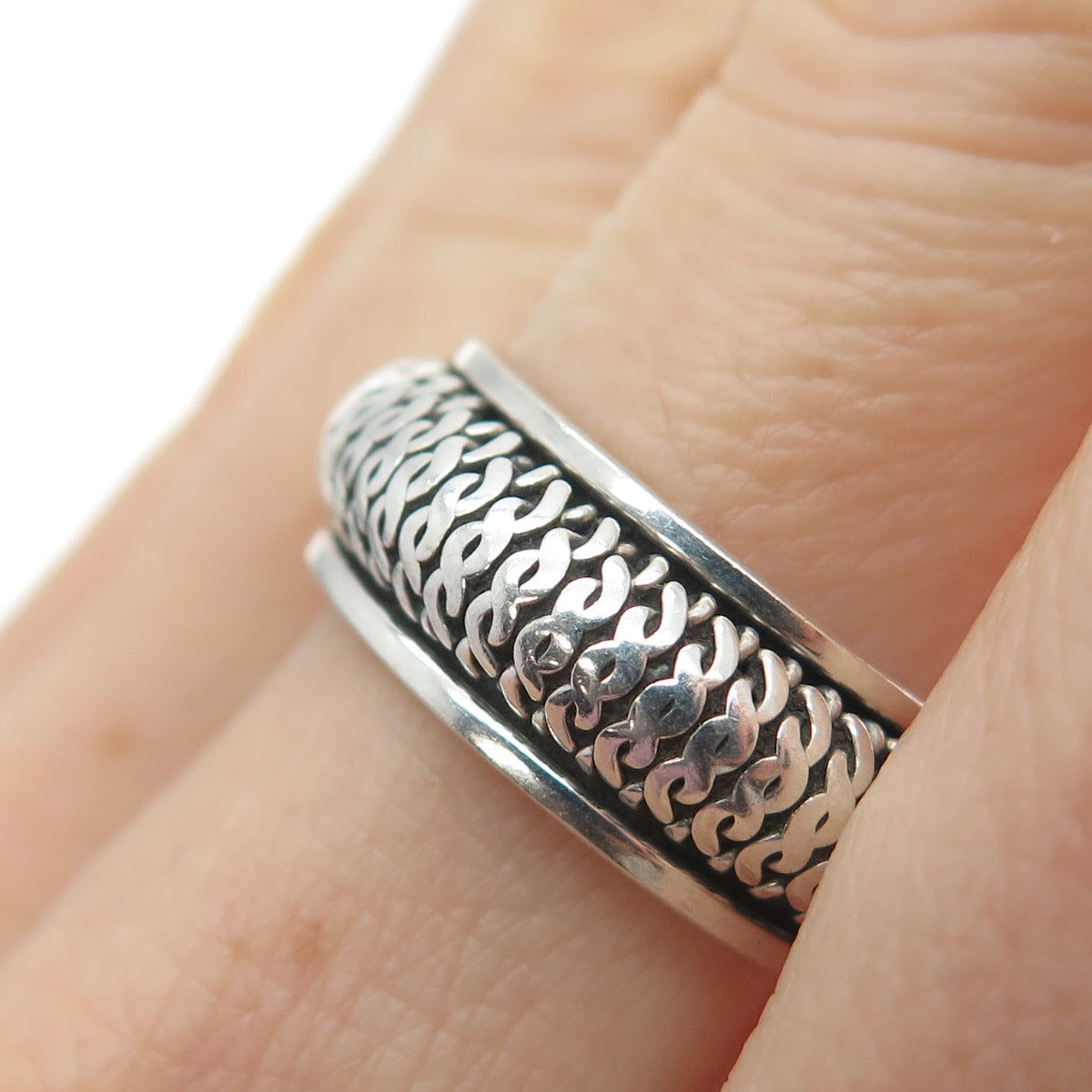 925 Sterling Silver Vintage Woven Oxidized Rotating Band Ring Size 7.5