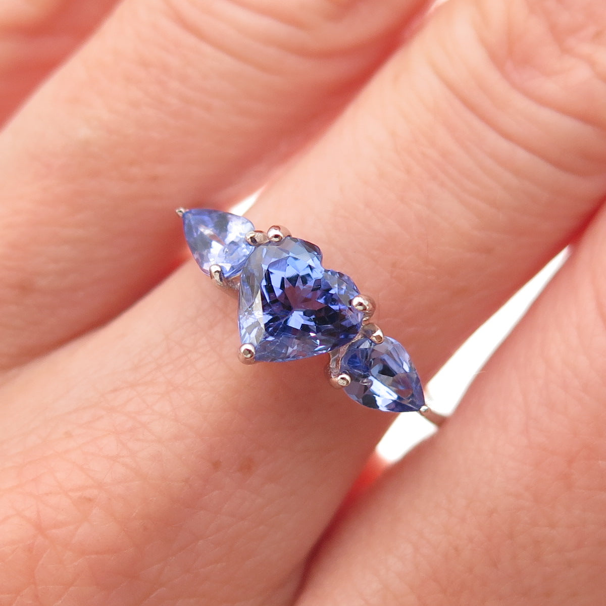 925 Sterling Silver Real Heart & Pear-Cut Tanzanite Ring Size 8