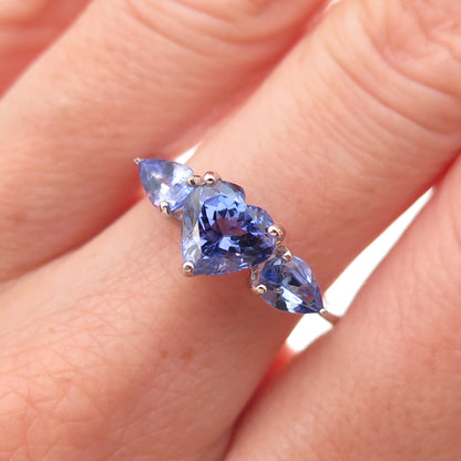 925 Sterling Silver Real Heart & Pear-Cut Tanzanite Ring Size 8