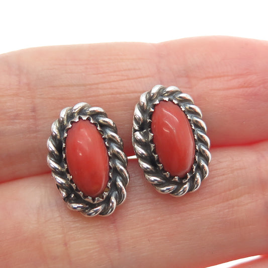 Old Pawn 925 Sterling Silver Vintage Southwestern Coral Tribal Stud Earrings