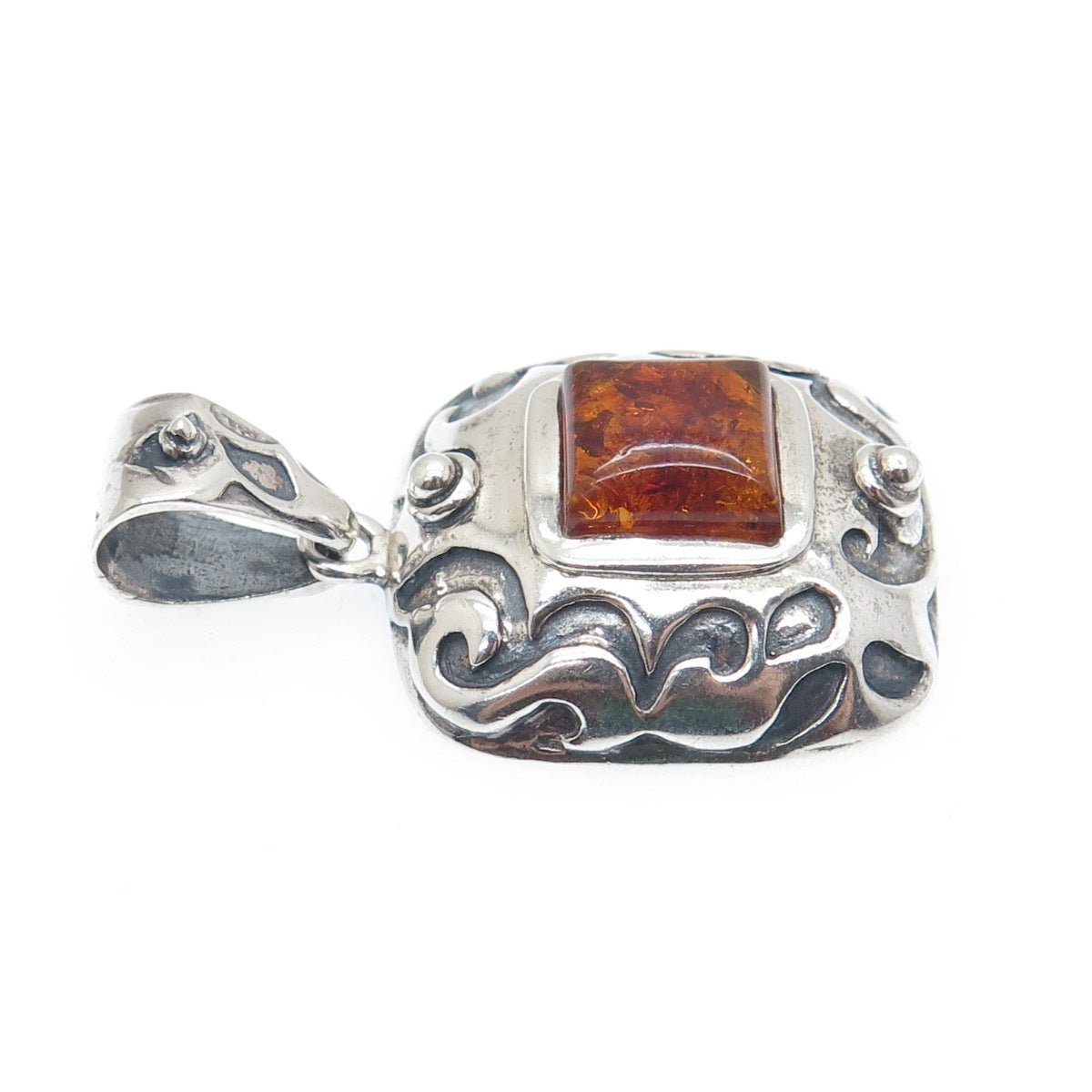 SILPADA 925 Sterling Silver Vintage Real Amber Ornate Oxidized Pendant