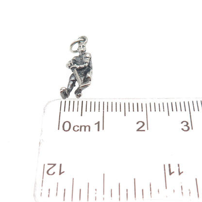 925 Sterling Silver Vintage Hockey Player Oxidized 3D Mini Charm Pendant
