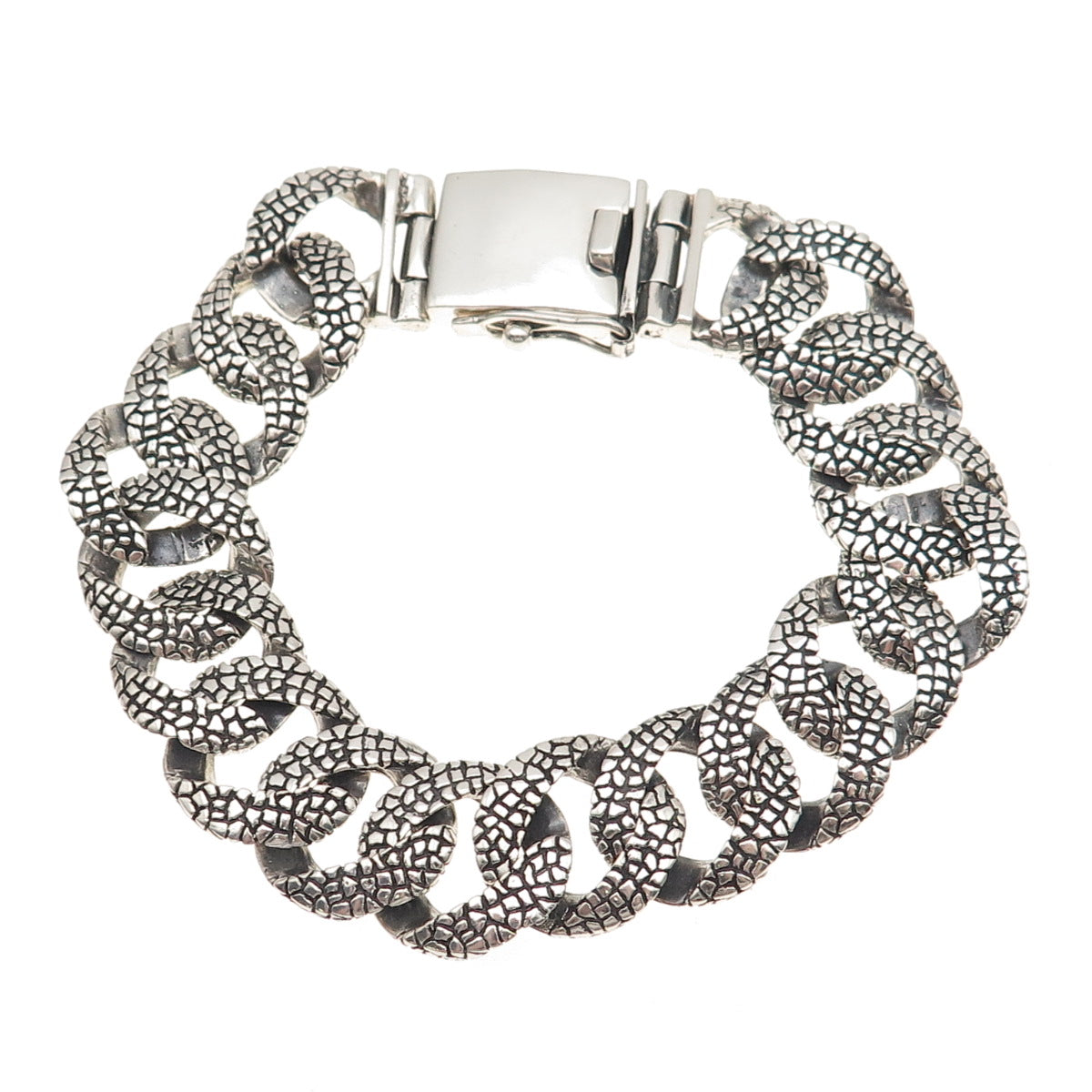 925 Sterling Silver Vintage Dragon Skin Oxidized Cuban Link Bracelet 8.5"