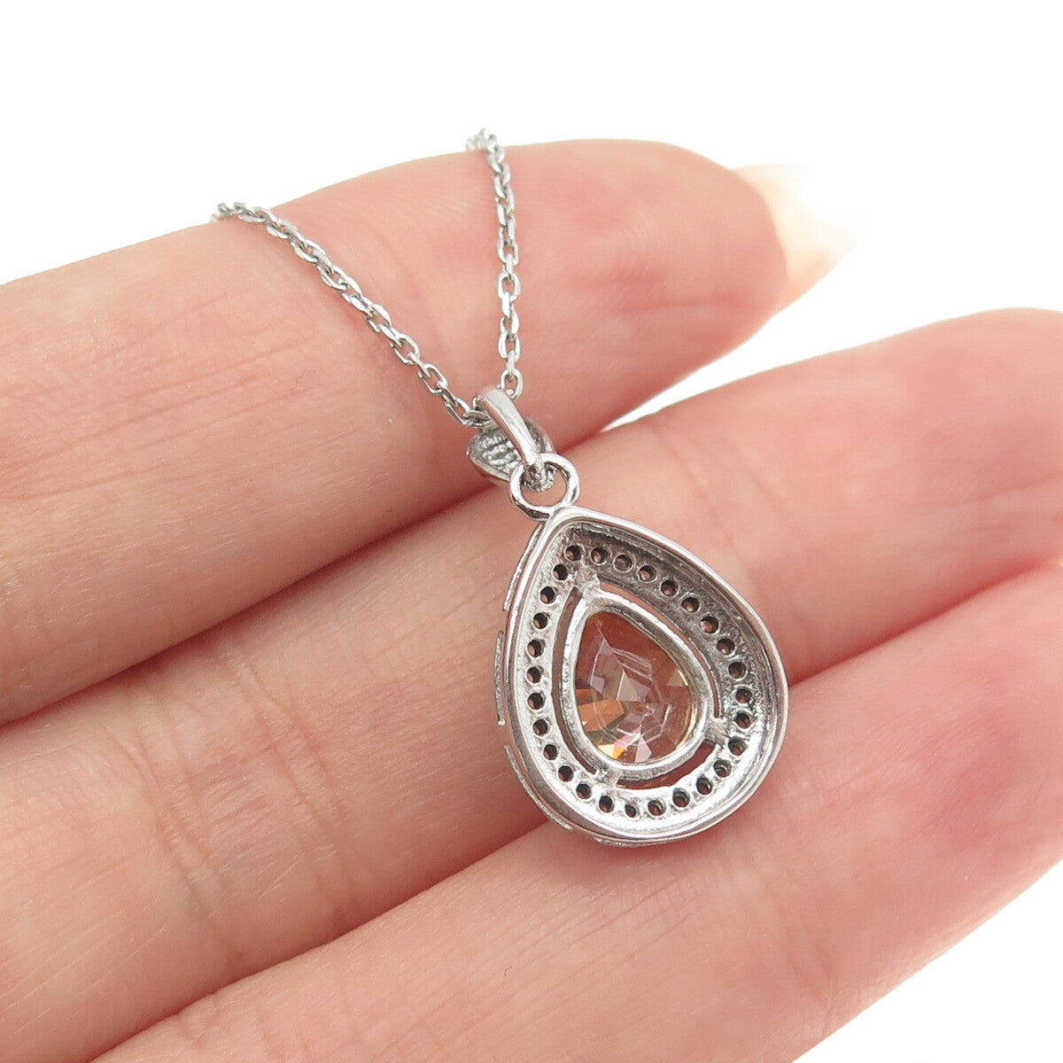 925 Sterling Silver Champagne & White C Z Teardrop Cable Chain Necklace 16"