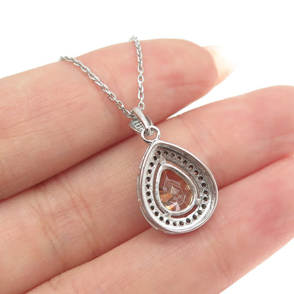 925 Sterling Silver Champagne & White C Z Teardrop Cable Chain Necklace 16"