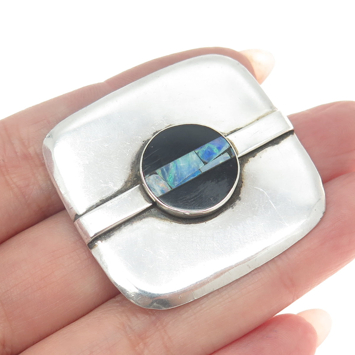 GREAT FALLS METAL WORKS 925 Sterling Silver Vintage Real Opal & Onyx Pin Brooch