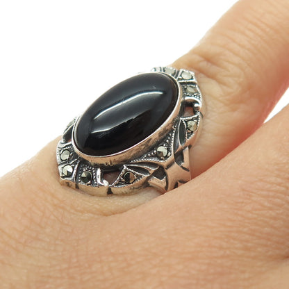 UNCAS Sterling Silver Antique Art Deco Real Black Onyx Marcasite Ring Size 3.25