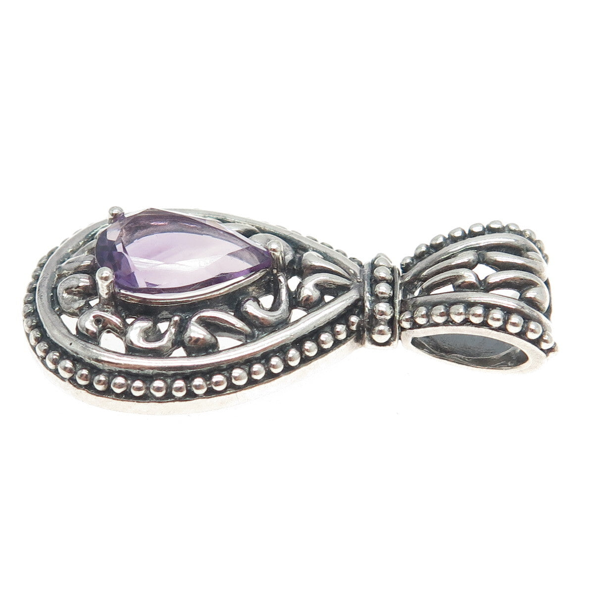 925 Sterling Silver Vintage Real Pear-Cut Amethyst Ornate Drop Pendant