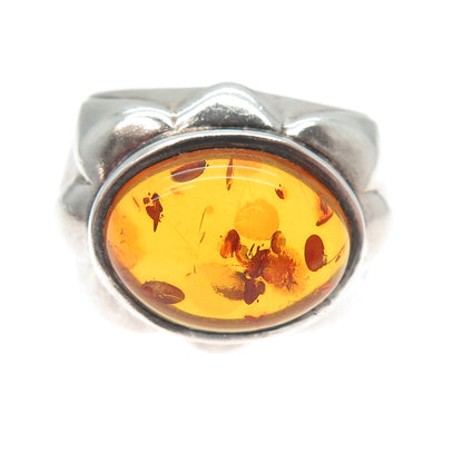 DOUG PAULUS 925 Sterling Silver Vintage Real Amber Modernist Sun Ring Size 7.75