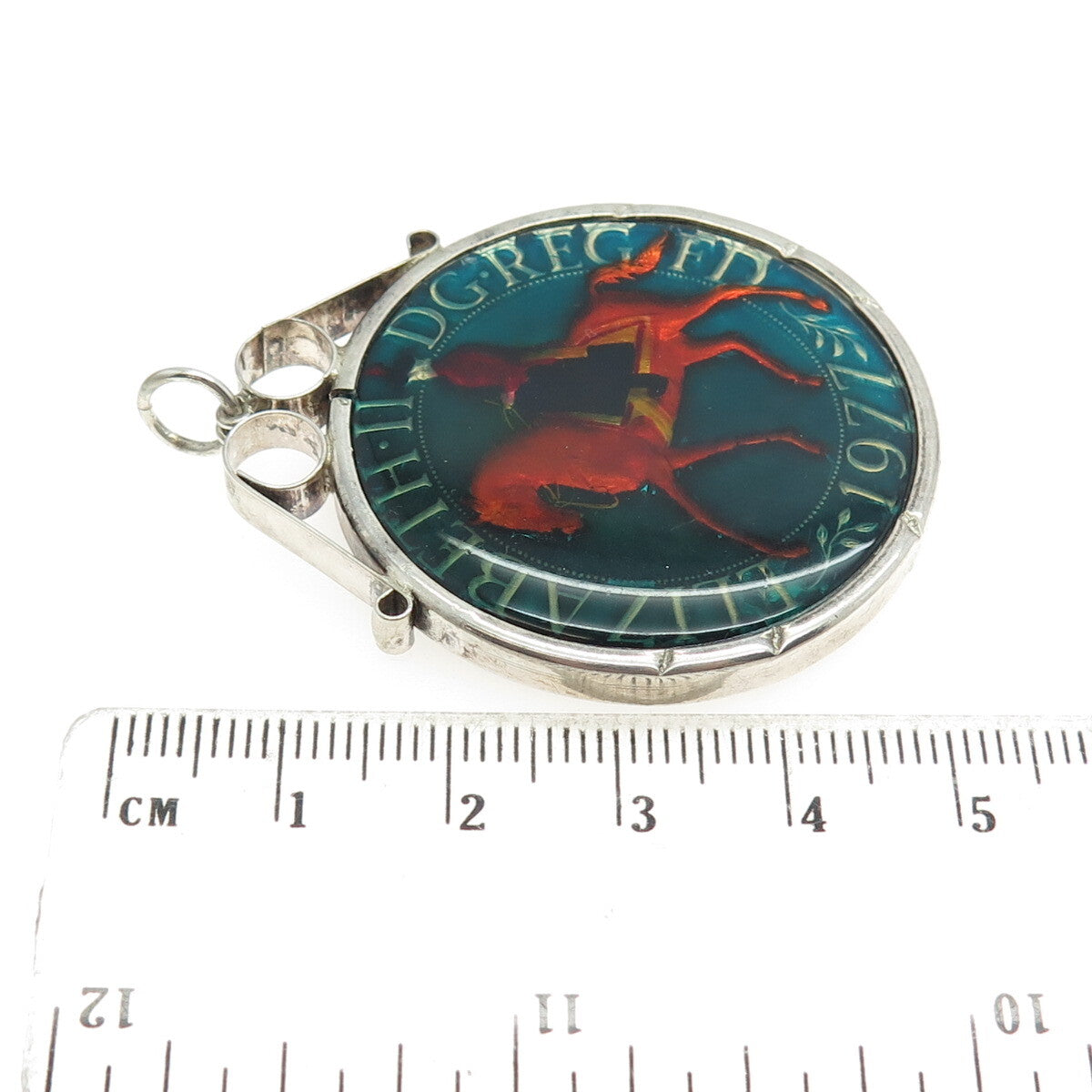 925 Sterling Silver Vintage Enamel 1977 ELIZABETH II DG REG FD Coin Pendant