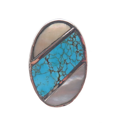 Old Pawn 925 Sterling Silver Vintage Southwestern Turquoise & MOP Ring Size 11.5
