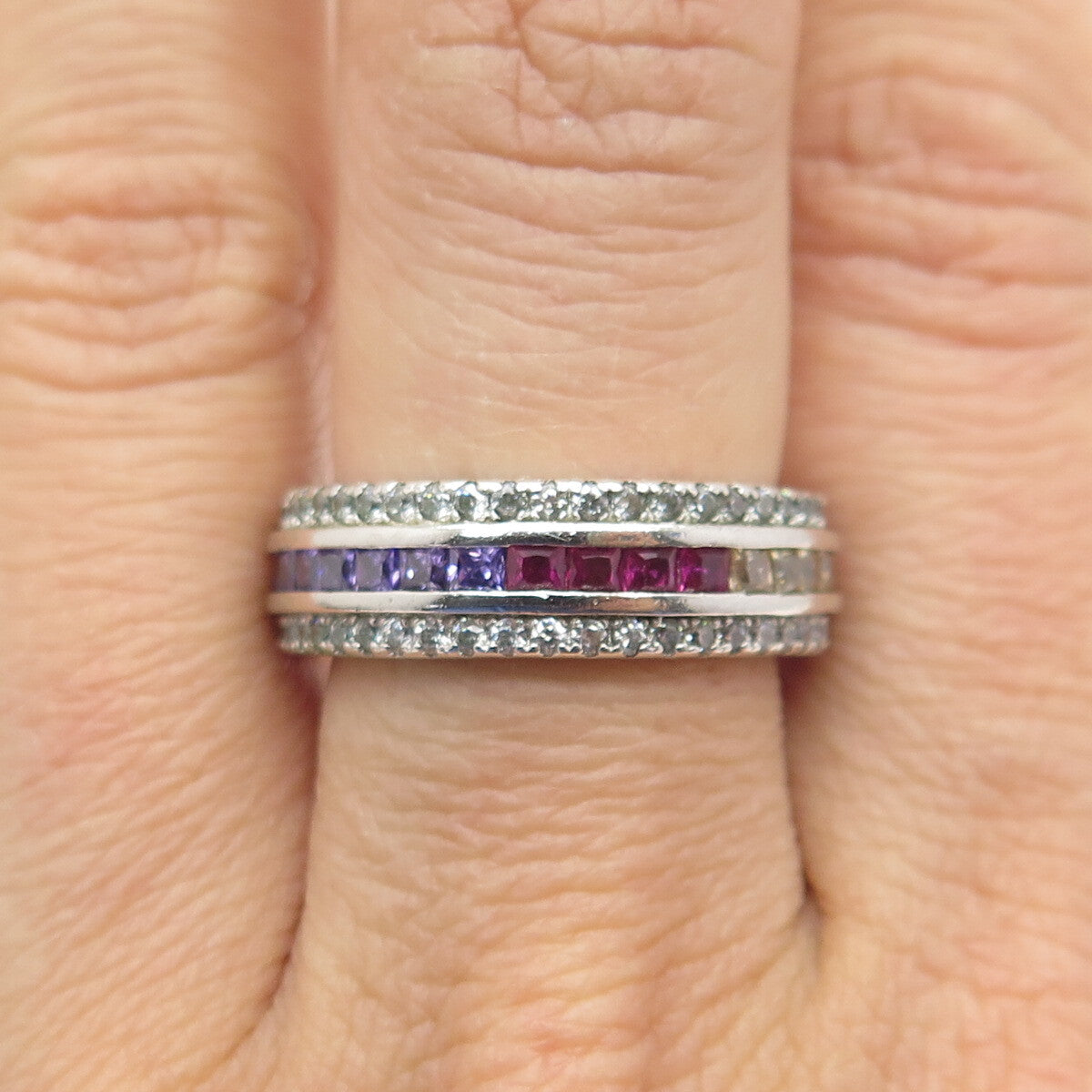 925 Sterling Silver Princess & Round-Cut Multi-Color C Z Eternity Ring Size 7.25