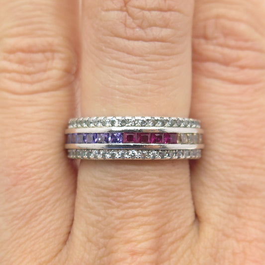 925 Sterling Silver Princess & Round-Cut Multi-Color C Z Eternity Ring Size 7.25