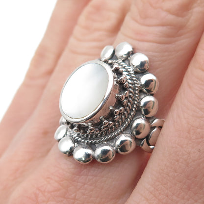 925 Sterling Silver Vintage Real MOP Beaded Oxidized Ring Size 8.5
