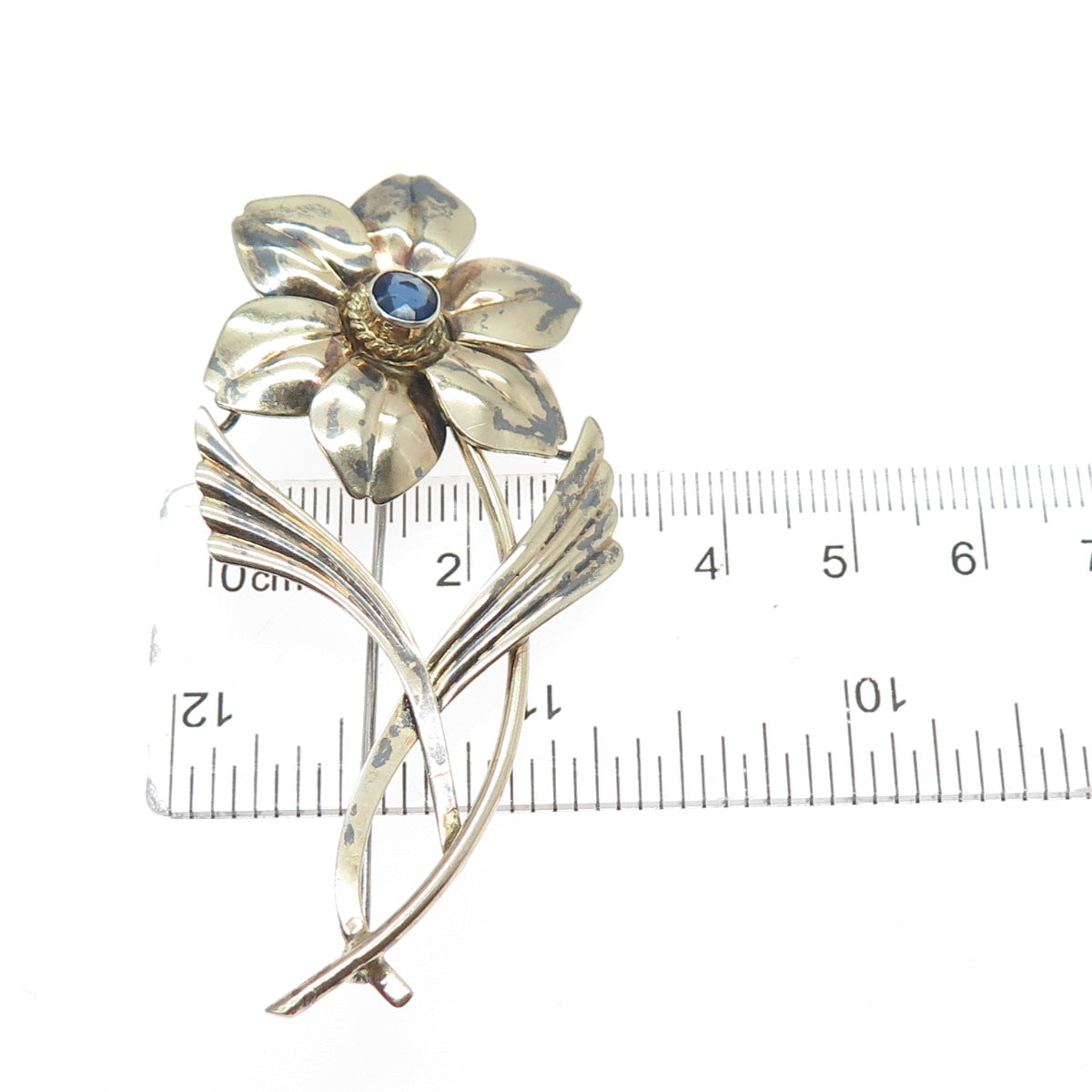SYMMETALIC 14K Gold & 925 Sterling Silver Antique Rhinestone Flower Pin Brooch