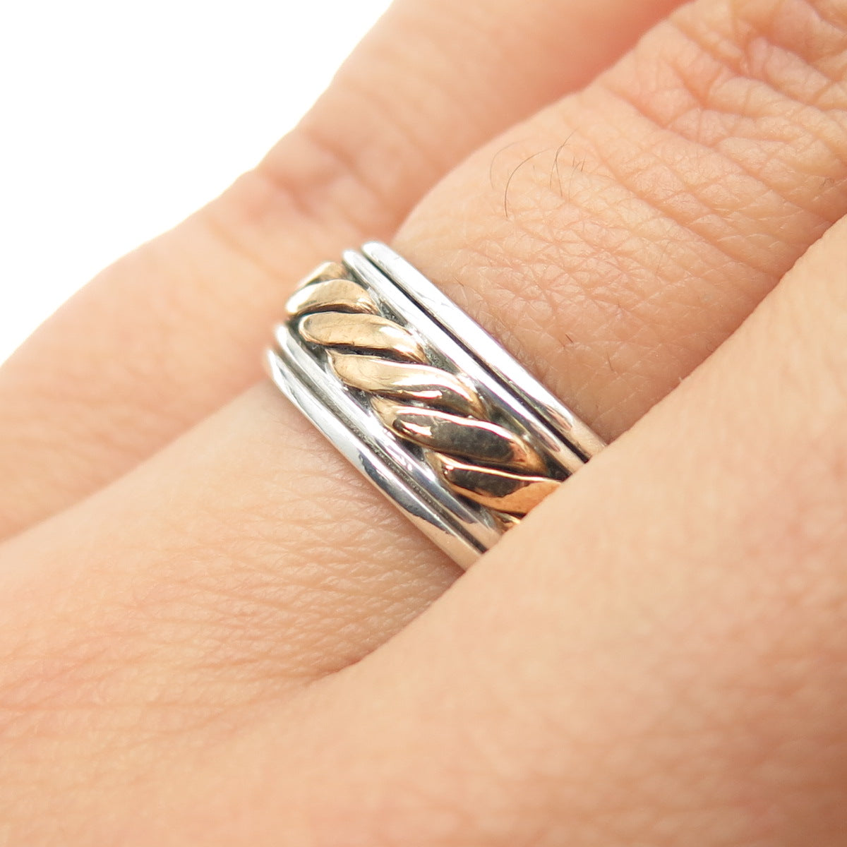 925 Sterling Silver 2-Tone Vintage Ribbed Rotating Band Ring Size 6.5