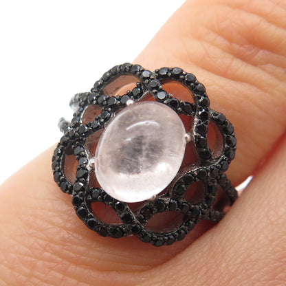 925 Sterling Silver Real Rose Quartz & Black Spinel Floral Ring Size 5