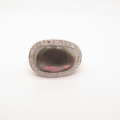 925 Sterling Silver Vintage Real Abalone Shell & C Z Ring Size 7.5