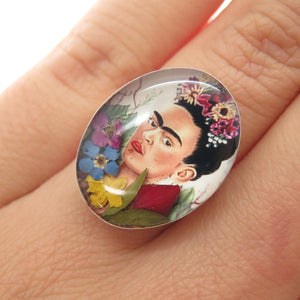925 Sterling Silver Vintage Enamel Frida Kahlo Pressed Flowers Ring Size 7