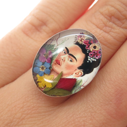 925 Sterling Silver Vintage Enamel Frida Kahlo Pressed Flowers Ring Size 7