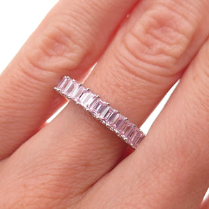 925 Sterling Silver Emerald-Cut Pink C Z Half Eternity Band Ring Size 6