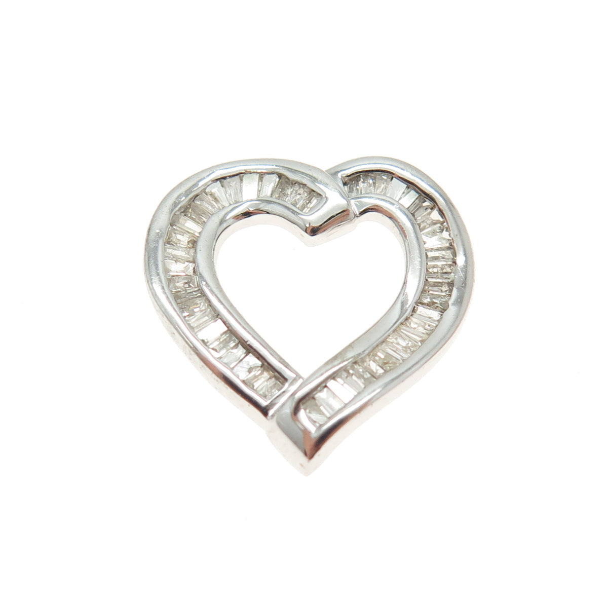 925 Sterling Silver Real Tapered Baguette-Cut Diamond Heart Slide Mini Pendant