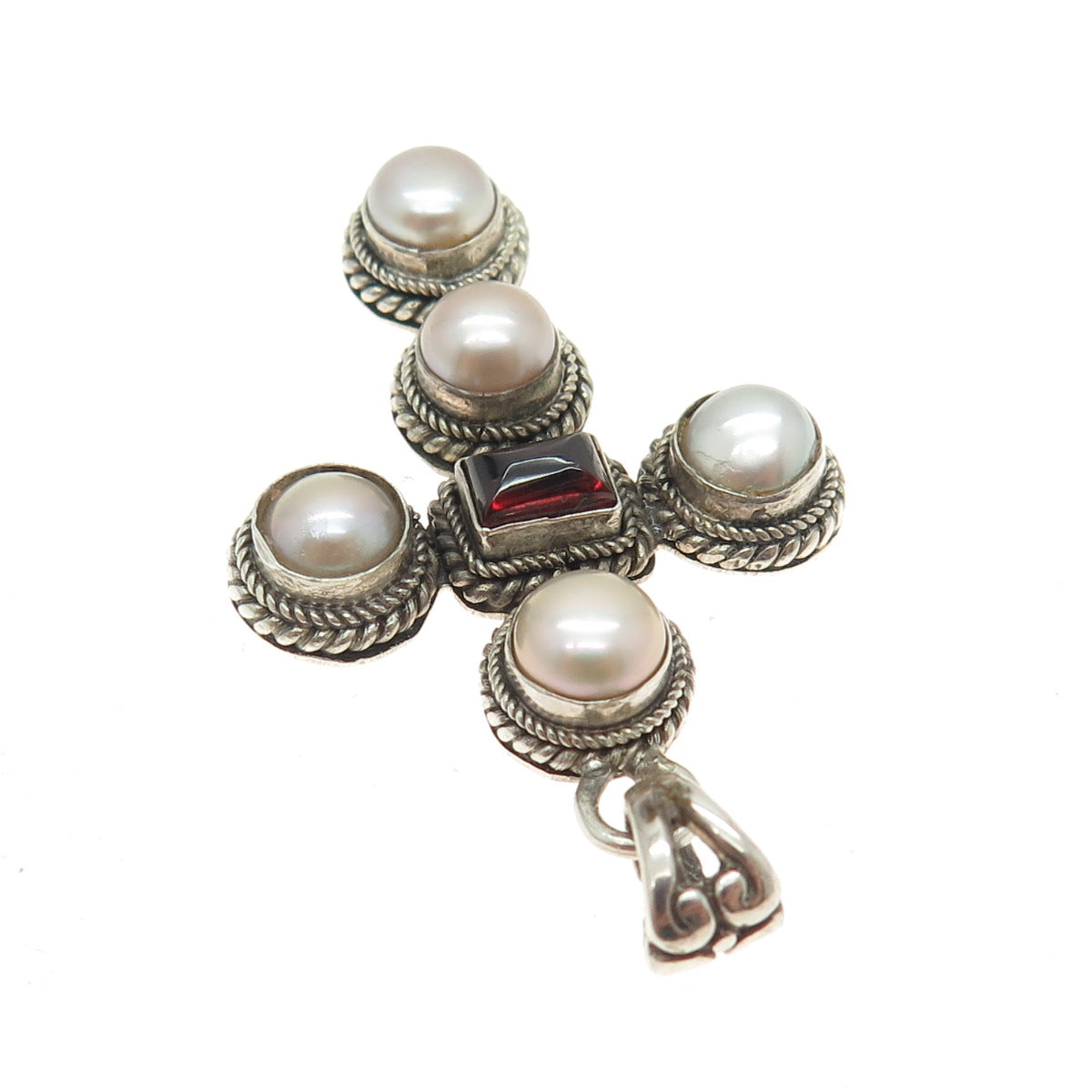 925 Sterling Silver Vintage Real Tahitian Pearl & Red Garnet Gem Cross Pendant