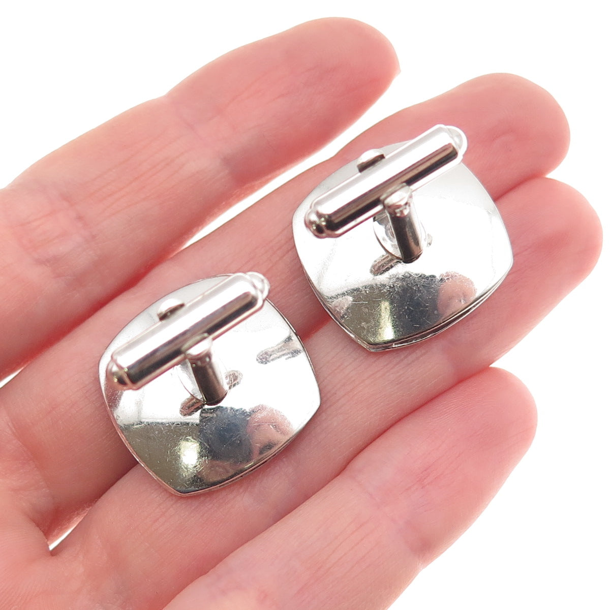 925 Sterling Silver Vintage Real Pearl Engraved Modernist Cufflinks