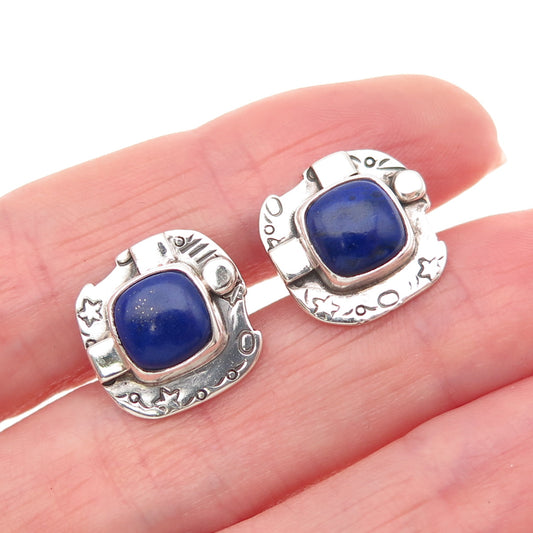 925 Sterling Silver Vintage Real Lapis Lazuli Modernist Stud Earrings