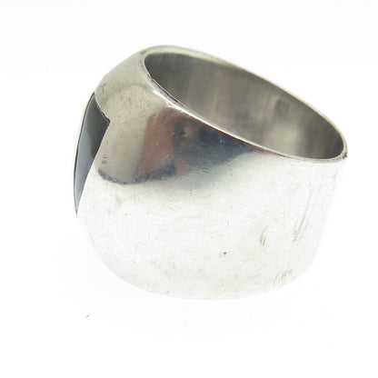 950 Silver Vintage Black Enamel Tribal Wide Ring Size 7