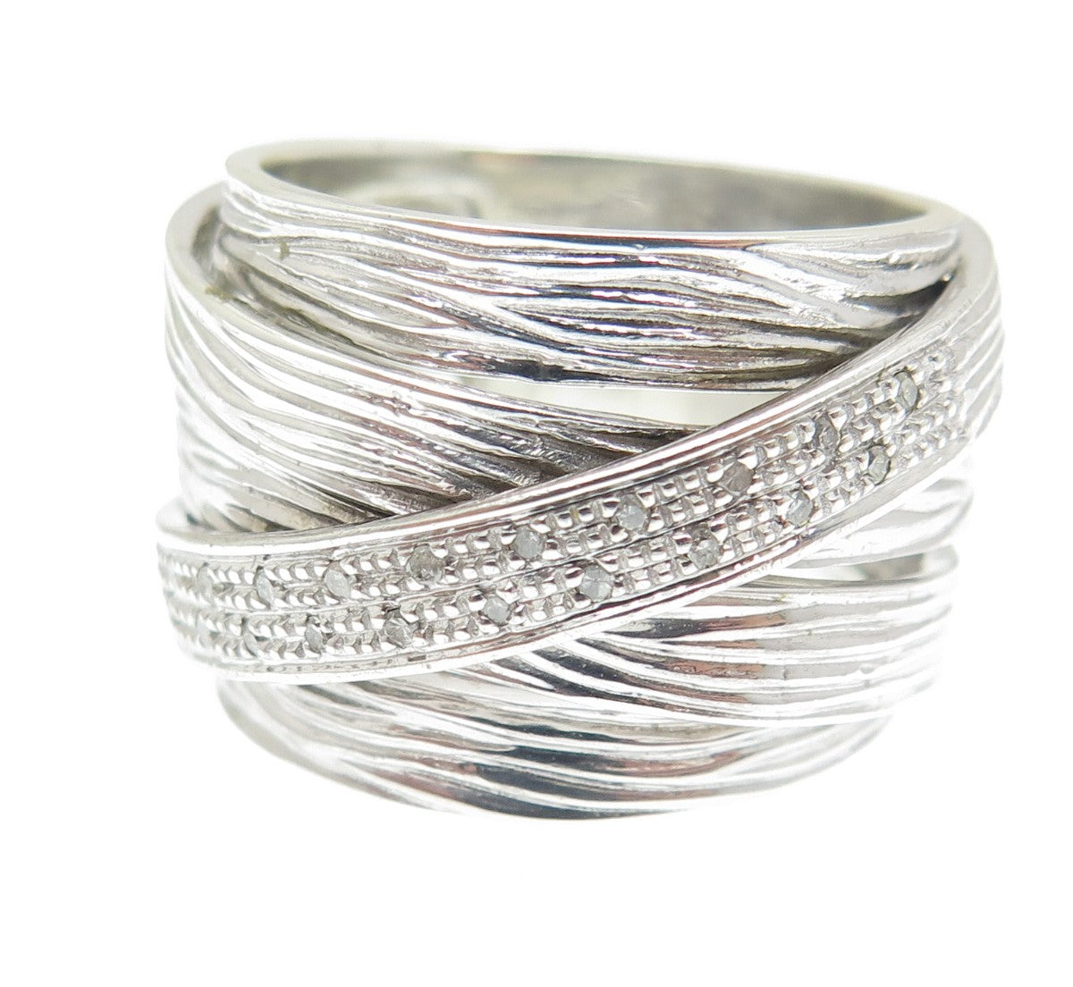 925 Sterling Silver Real Round-Cut Diamond Crisscross Ring Size 9.5