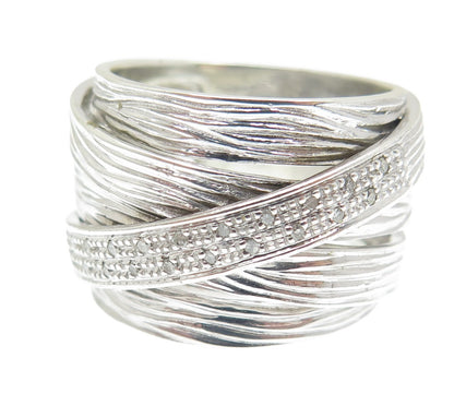 925 Sterling Silver Real Round-Cut Diamond Crisscross Ring Size 9.5