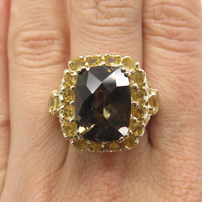 925 Sterling Silver Gold Plated Real Smoky Quartz & Citrine Ring Size 7