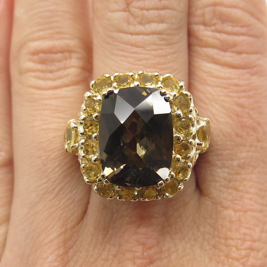 925 Sterling Silver Gold Plated Real Smoky Quartz & Citrine Ring Size 7