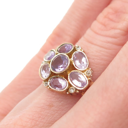 925 Sterling Silver Gold Plated Vintage Real Amethyst & C Z Ring Size 5.25