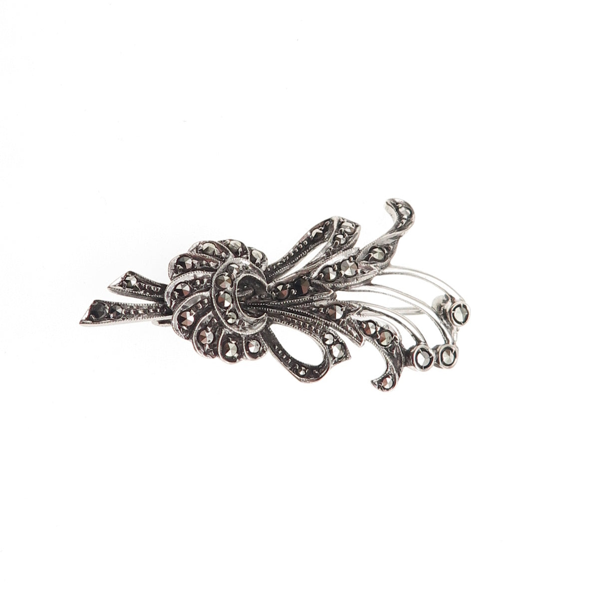 835 Silver Antique Art Deco Real Marcasite Floral Oxidized Pin Brooch