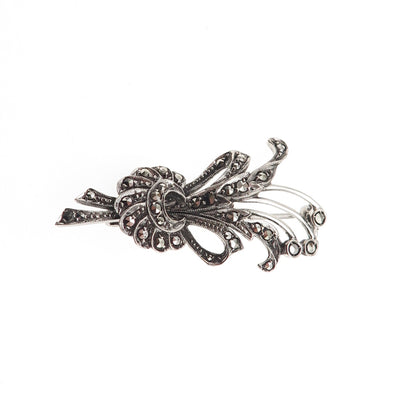 835 Silver Antique Art Deco Real Marcasite Floral Oxidized Pin Brooch