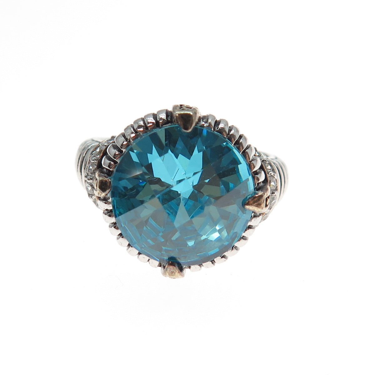 925 Sterling Silver Vintage Blue C Z Modernist Oxidized Ring Size 8.5