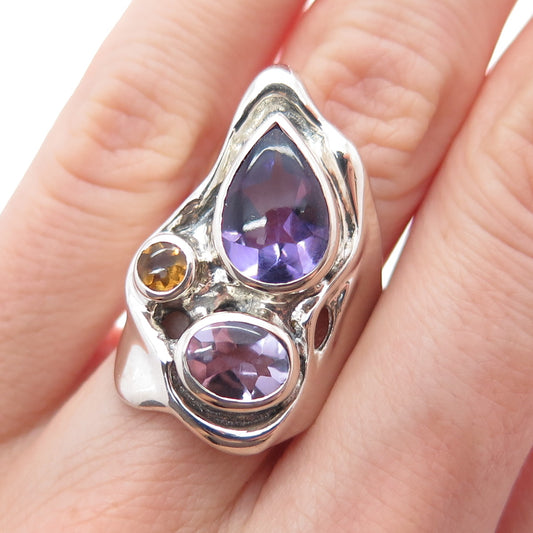 HAGIT GORALI 925 Sterling Vintage Real Amethyst & Citrine Modernist Ring Size 6