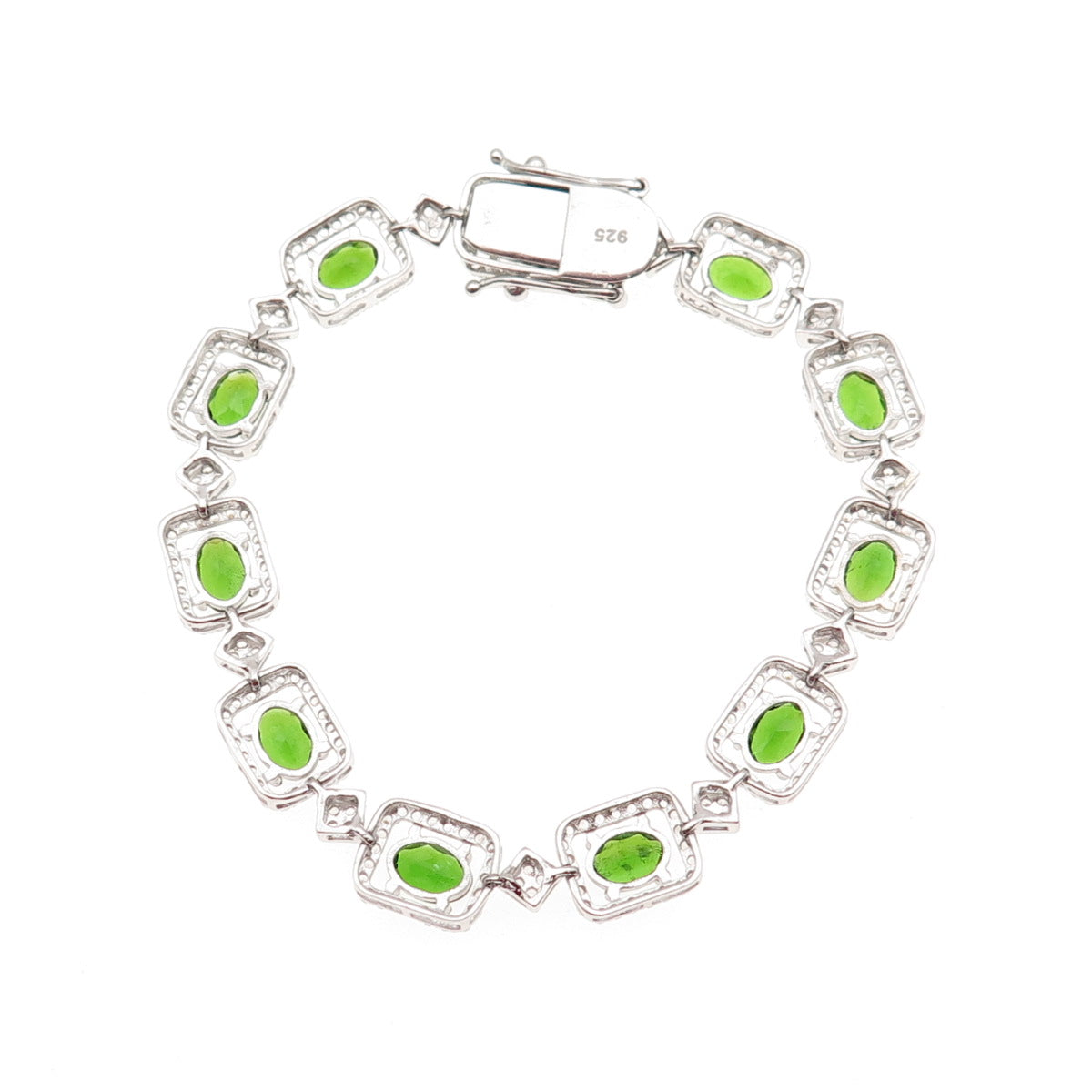 925 Sterling Silver Real Chrome Diopside & White Topaz Bracelet 7.5"