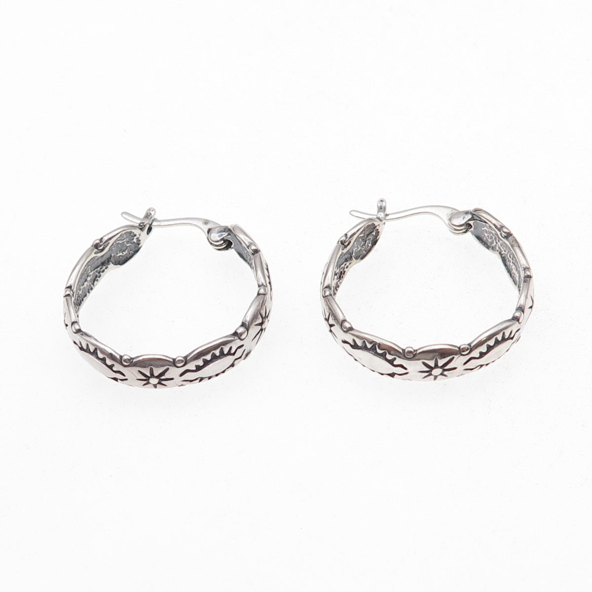Shube 925 Sterling Silver Vintage Sun Symbol Oxidized Hoop Earrings