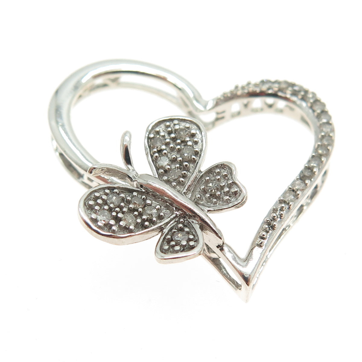 925 Sterling Silver Real Round-Cut Diamond Heart Butterfly Slide Pendant