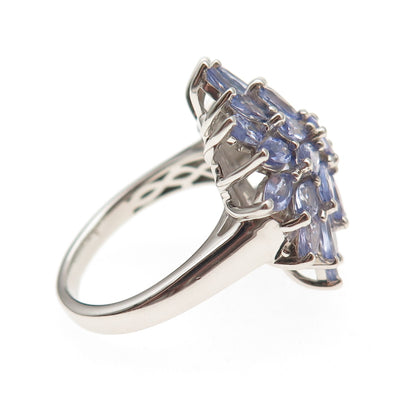 D'Joy 925 Sterling Silver Real Marquise & Oval-Cut Tanzanite Floral Ring Size 8