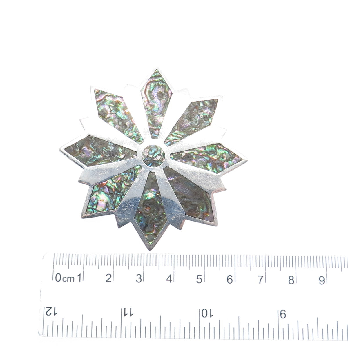 925 Sterling Silver Vintage Real Abalone Shell Flower Pin Brooch / Pendant