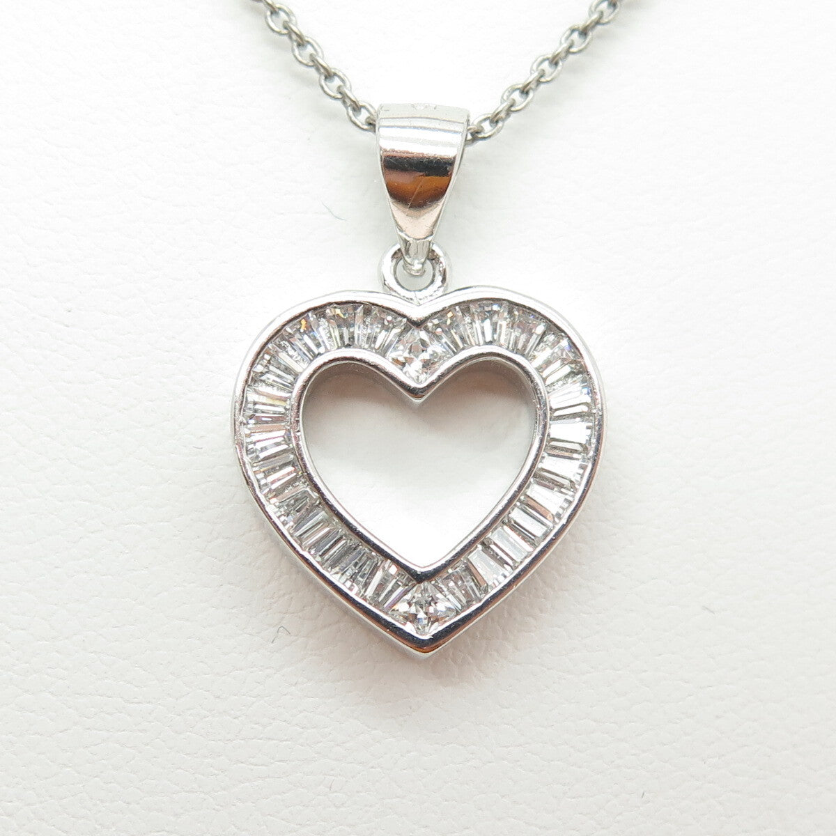 925 Sterling Silver Tapered Baguette-Cut C Z Heart Cable Chain Necklace 16"